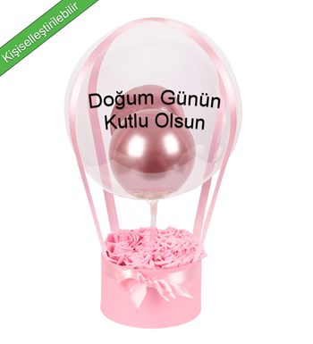 Balonlu Yuvarlak Pembe Kutuda Yapay Pembe Gül