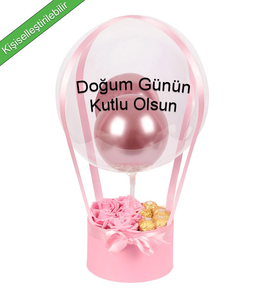 Balonlu Yuvarlak Pembe Kutuda Rocher Yapay Pembe Gül