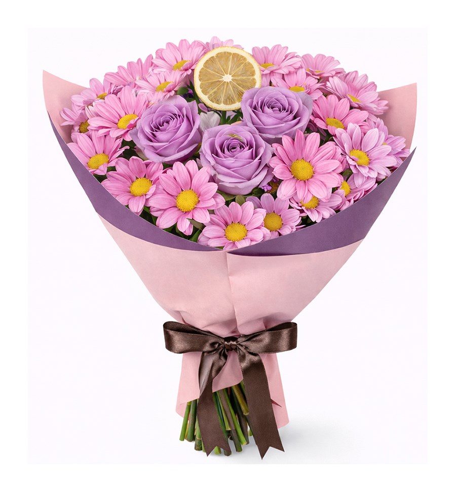 Lila Güllü Pembe Papatya Buketi
