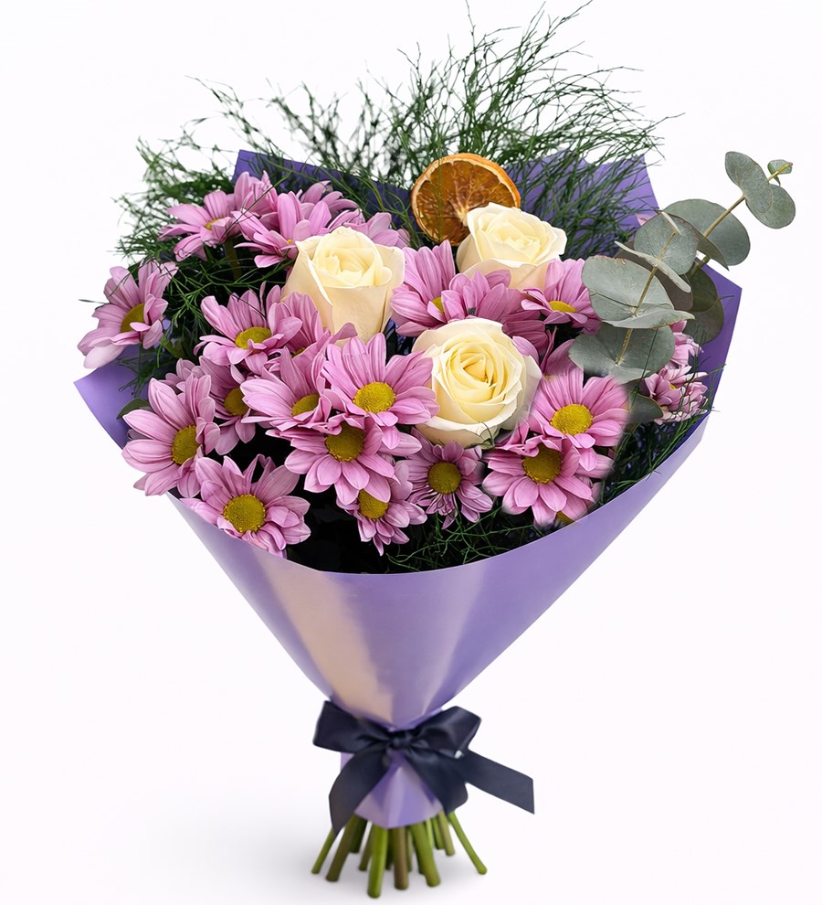 Pembe Papatya ve Beyaz Gül Buketi