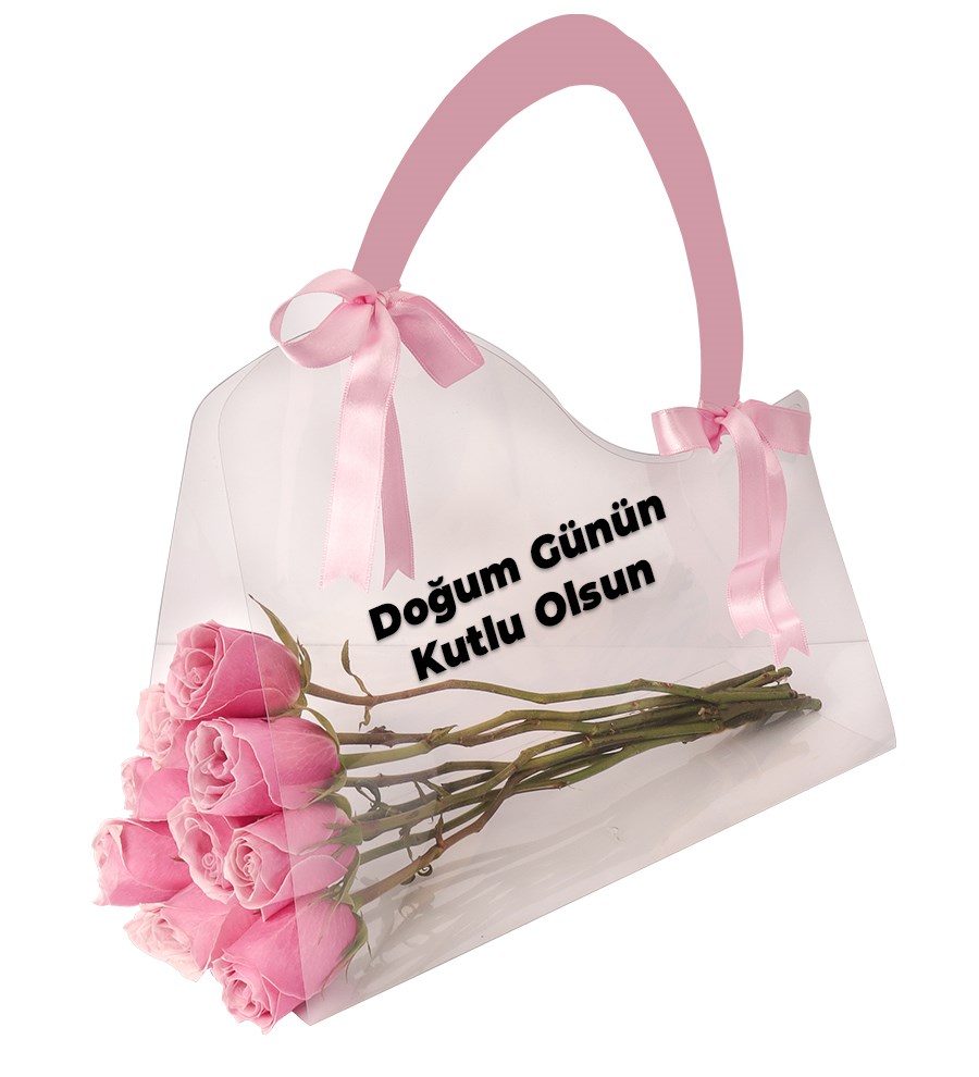 Şeffaf Çantada Pembe Gül Buketi