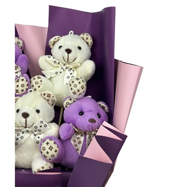 Lilyana Flowers - Mor Kremrengi Temalı Sevimli Ayıcık Buketi