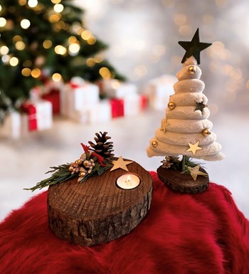 Dekoratif Peluş Çam Ağacı ve Kütük Dekoratif Tekli Tealight Mum