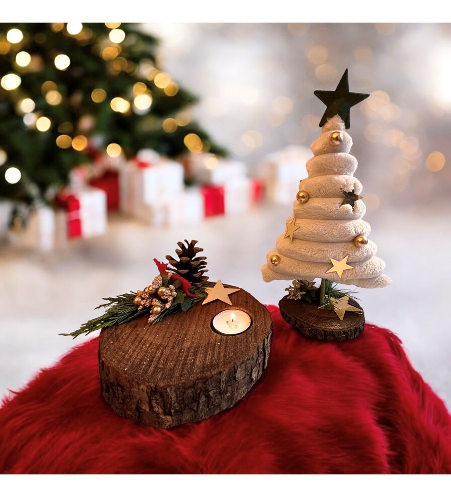 Dekoratif Peluş Çam Ağacı ve Kütük Dekoratif Tekli Tealight Mum