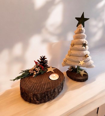 Dekoratif Peluş Çam Ağacı ve Kütük Dekoratif Tekli Tealight Mum