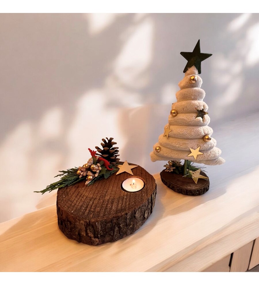 Dekoratif Peluş Çam Ağacı ve Kütük Dekoratif Tekli Tealight Mum