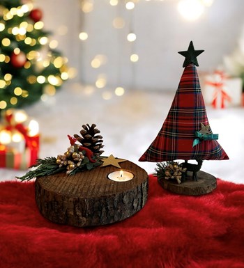Ekose Çam Ağacı ve Kütük Dekoratif Tekli Tealight Mum