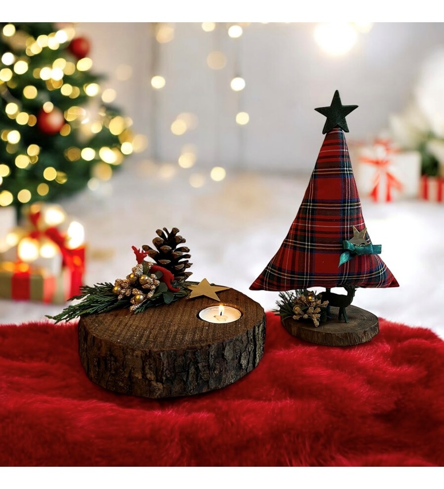 Ekose Çam Ağacı ve Kütük Dekoratif Tekli Tealight Mum