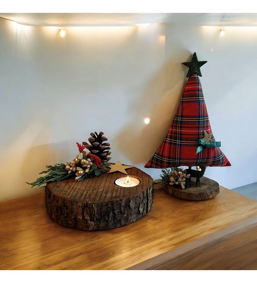 Ekose Çam Ağacı ve Kütük Dekoratif Tekli Tealight Mum
