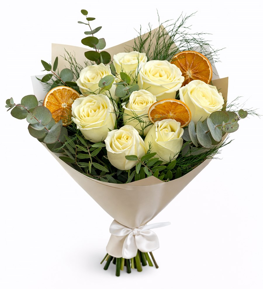 Portakal Dilimli Beyaz Gül Buketi