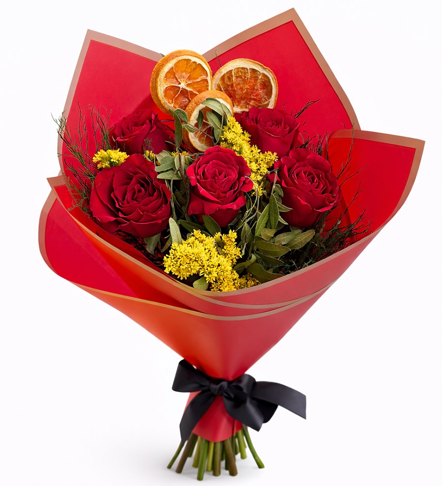 Portakal Dilimli Kırmızı Gül Buketi