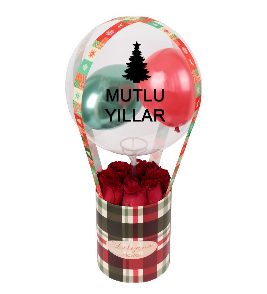 Balonlu Yılbaşı Kutuda Kırmızı Gül