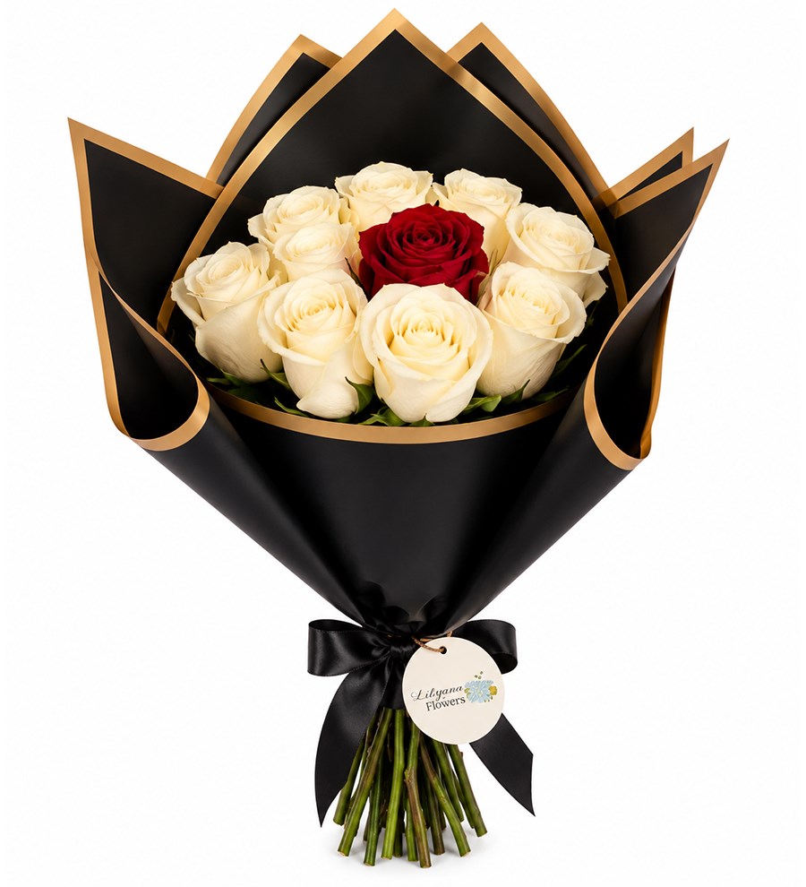 Premium Beyaz Kırmızı Gül Buketi