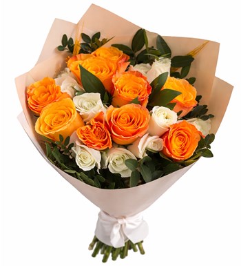 Lilyana Flowers - Premium Beyaz Turuncu Gül Buketi