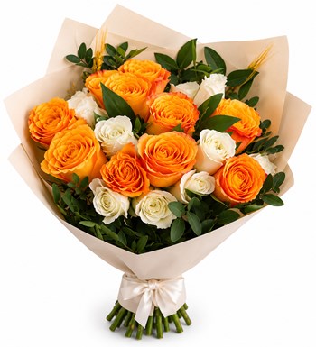 Lilyana Flowers - Premium Beyaz Turuncu Gül Buketi
