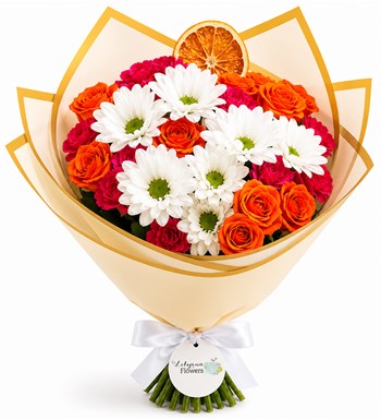 Lilyana Flowers - Renkli Çardak Güllerle Beyaz Papatya Buketi