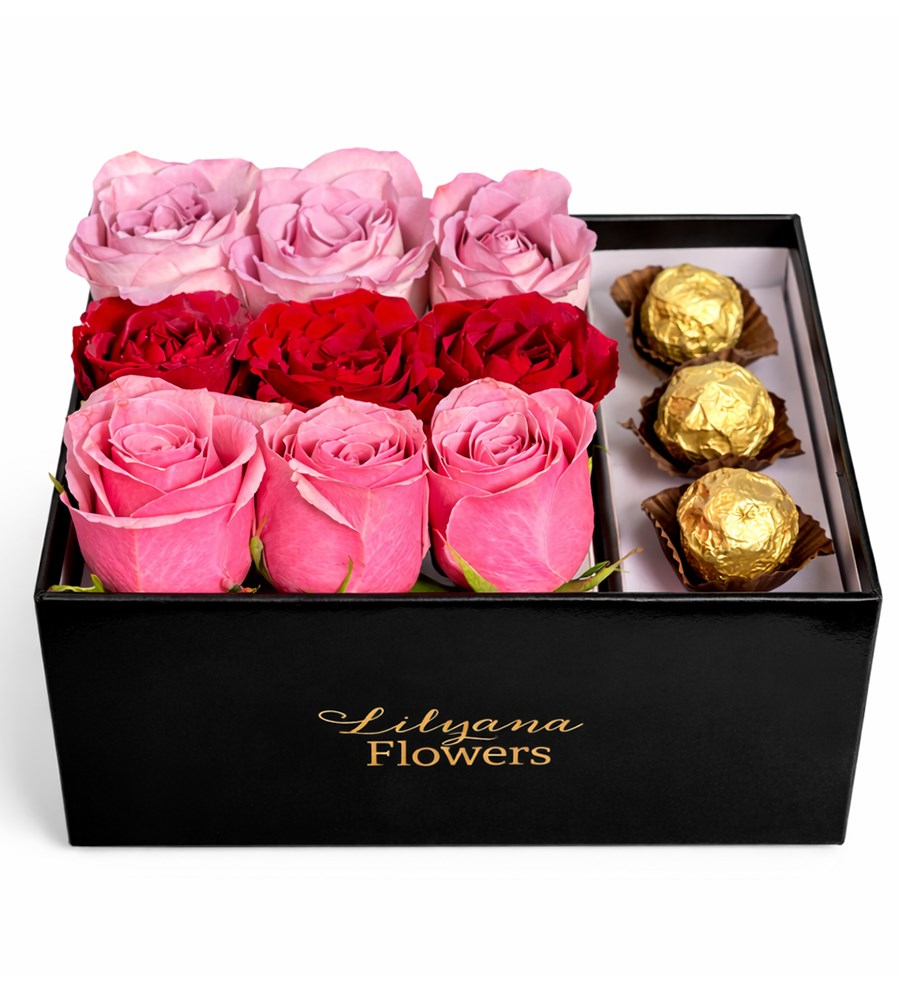 Dikdörtgen Siyah Kutuda Çikolatalı Renkli Güller