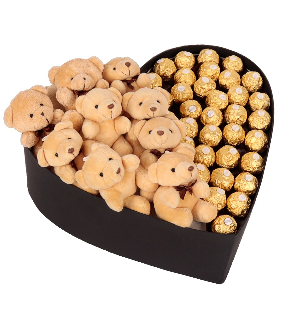 Rocher Çikolata ve Mini Ayıcıklı Kalp Dev Kutu
