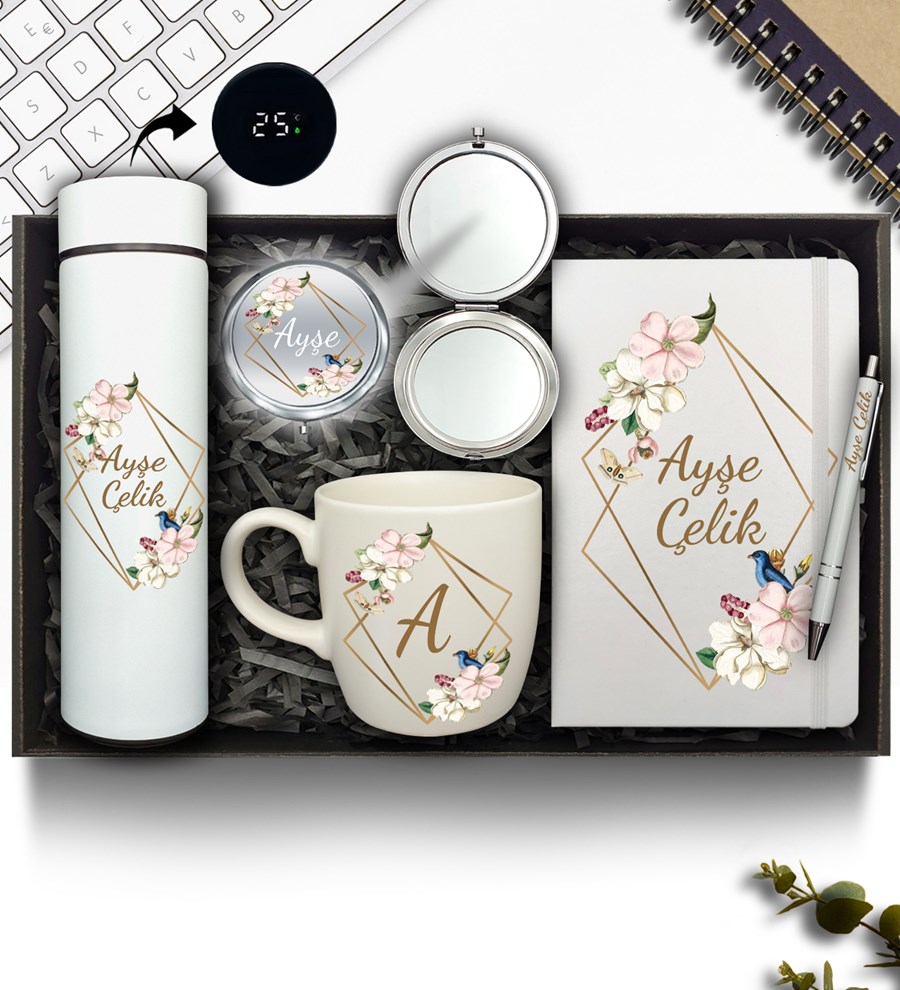 Kişiye Özel Dereceli Beyaz Termos & Beyaz Defter & Beyaz Kupa & Krom Ayna & Beyaz Kalem Hediye Seti