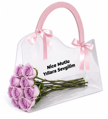 Lilyana Flowers - Şeffaf Çantada Lila Gül Buketi