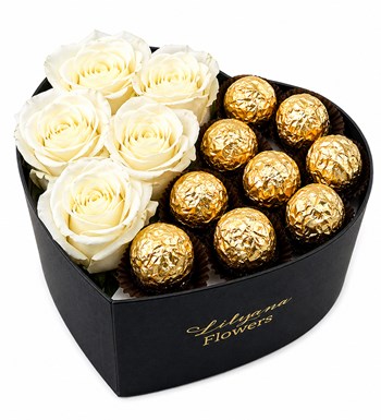 Lilyana Flowers - Küçük Kalpli Siyah Kutuda Gold Çikolatalı Beyaz Gül