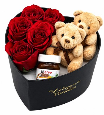 Lilyana Flowers - Küçük Kalpli Siyah Kutuda Ayıcıklı Nutellalı Kırmızı Gül