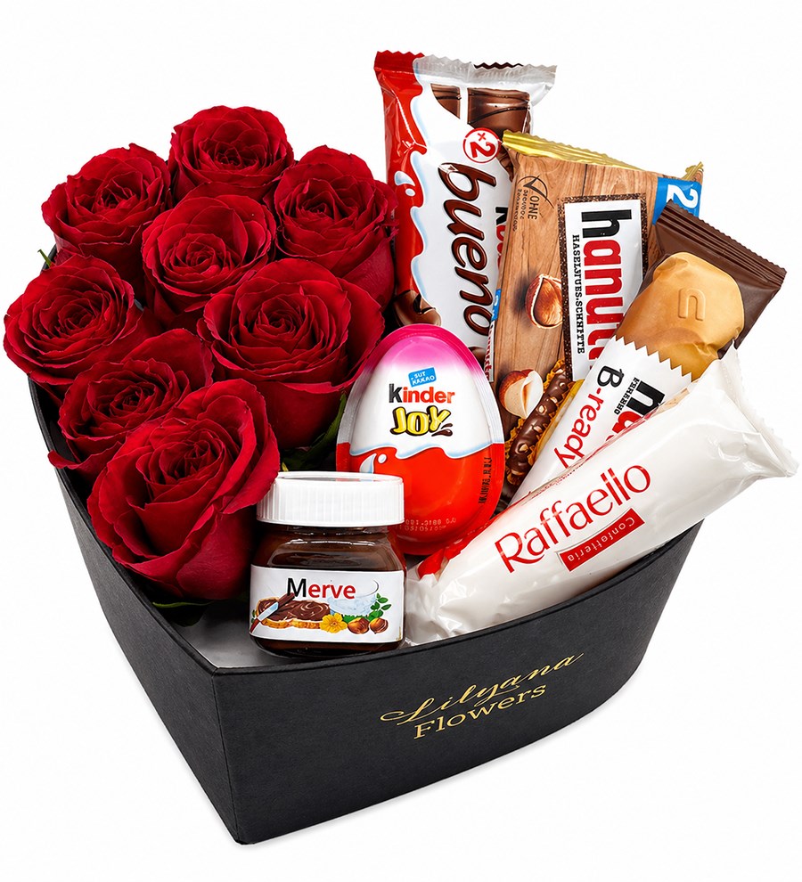 Büyük Kalpli Siyah Kutuda Çikolatalı Kırmızı Gül