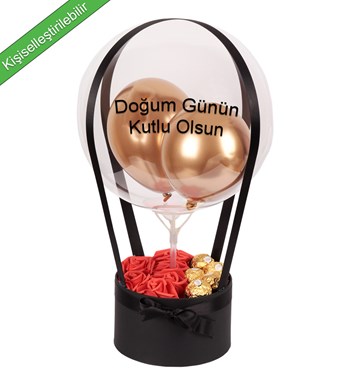 Balonlu Yuvarlak Siyah Kutuda Rocher Yapay Kırmızı Gül