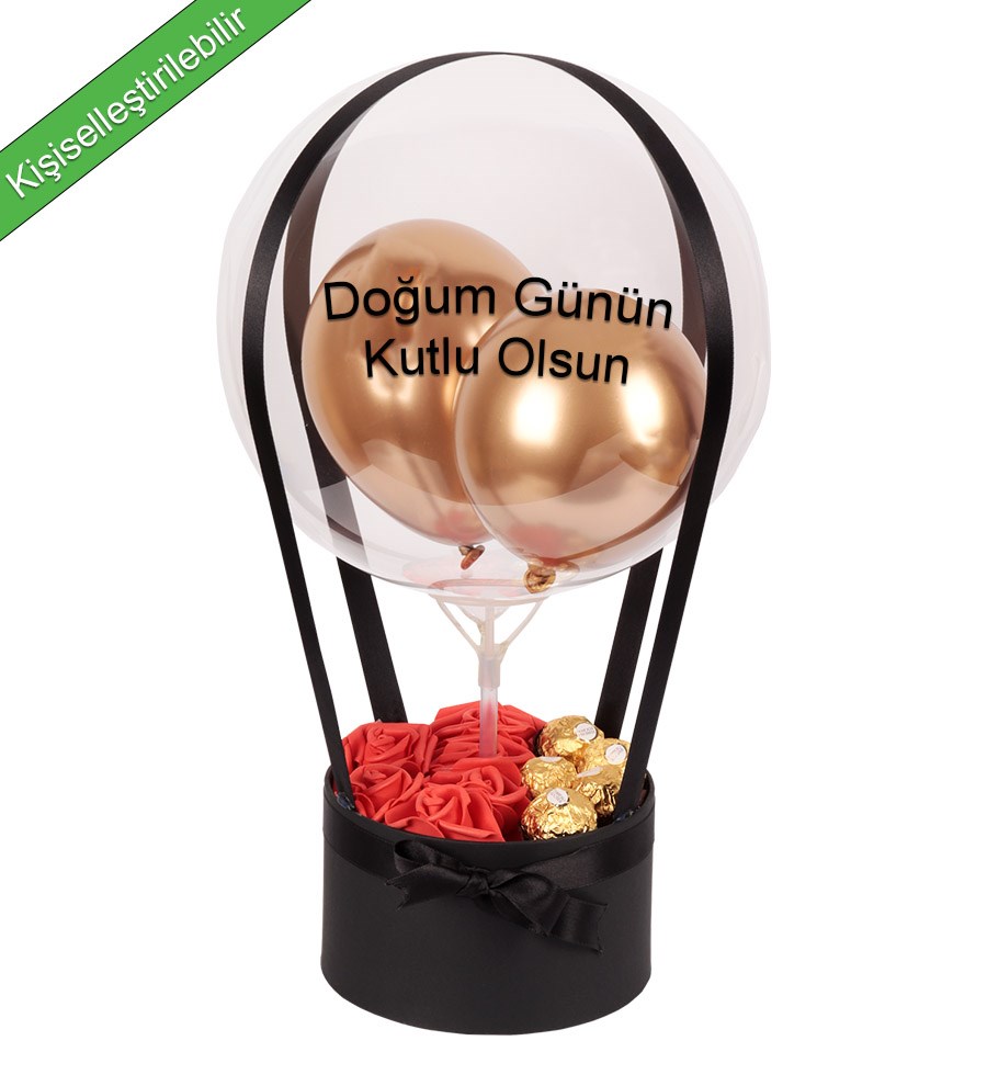 Balonlu Yuvarlak Siyah Kutuda Rocher Yapay Kırmızı Gül