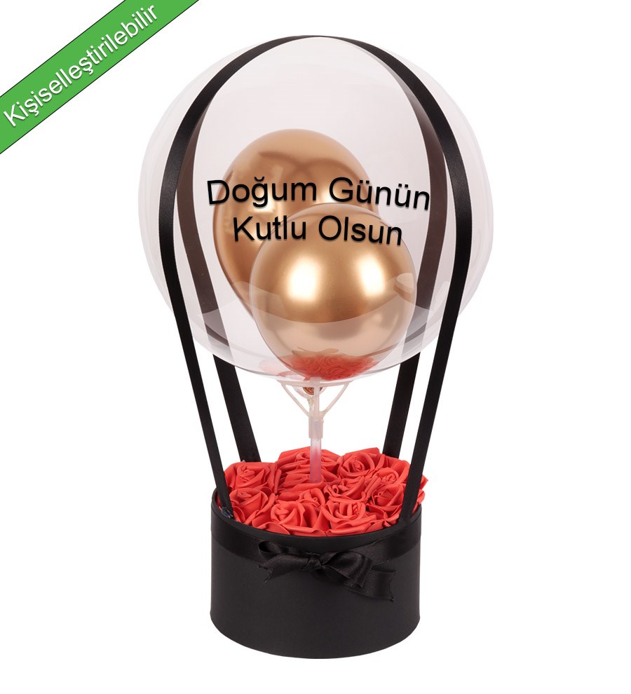 Balonlu Yuvarlak Siyah Kutuda Yapay Kırmızı Gül