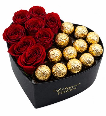 Lilyana Flowers - Büyük Kalpli Siyah Kutuda Gold Çikolatalı Kırmızı Gül
