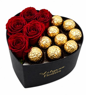 Lilyana Flowers - Küçük Kalpli Siyah Kutuda Gold Çikolatalı Kırmızı Gül