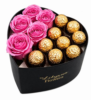 Lilyana Flowers - Küçük Kalpli Siyah Kutuda Gold Çikolatalı Pembe Gül