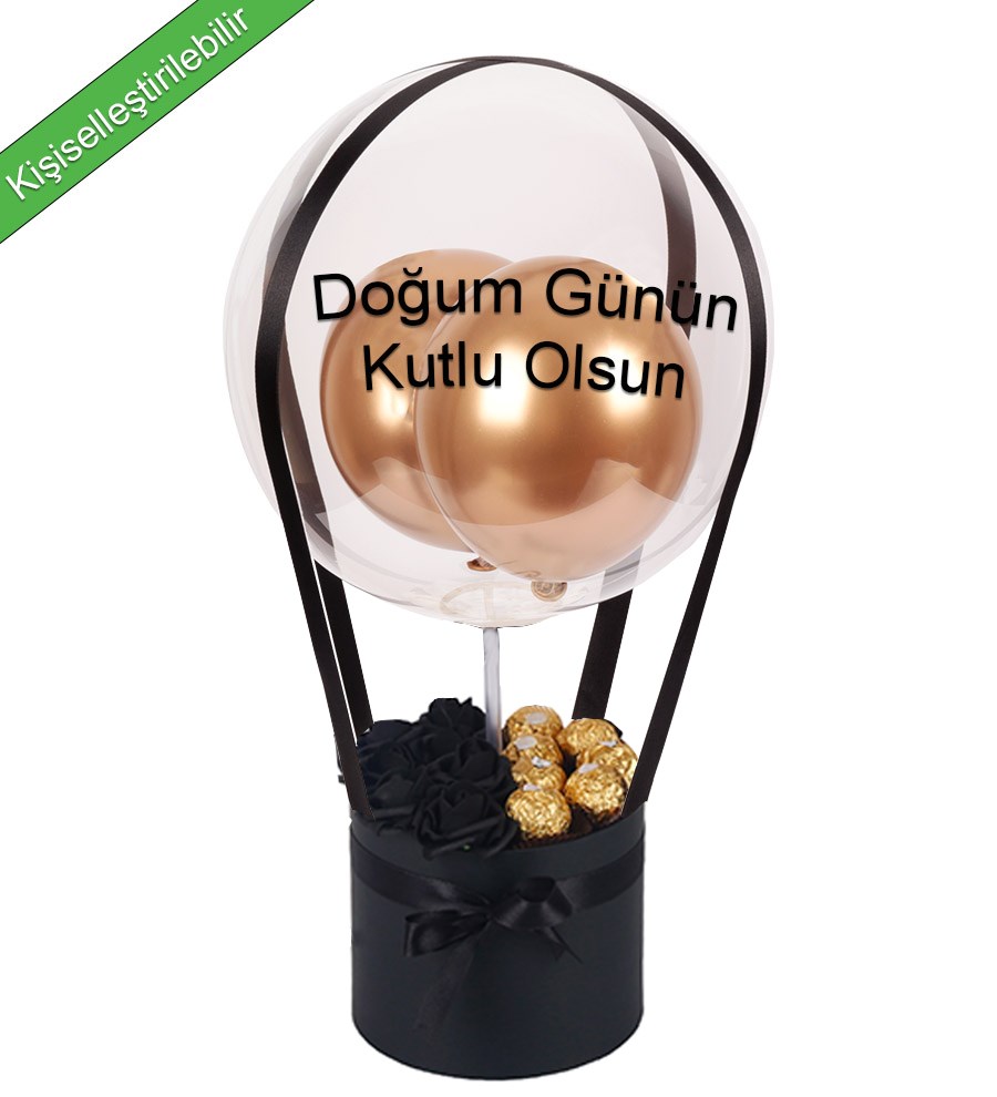 Balonlu Yuvarlak Siyah Kutuda Rocher Yapay Siyah Gül