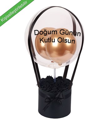 Balonlu Yuvarlak Siyah Kutuda Yapay Siyah Gül