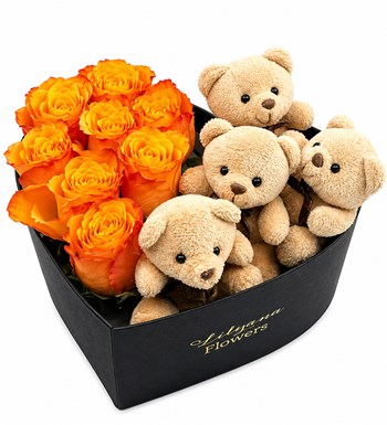 Lilyana Flowers - Büyük Kalpli Siyah Kutuda Ayıcıklı Turuncu Gül