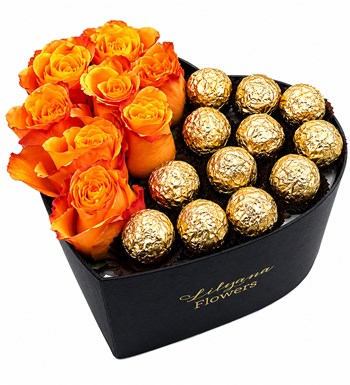 Lilyana Flowers - Büyük Kalpli Siyah Kutuda Gold Çikolatalı Turuncu Gül