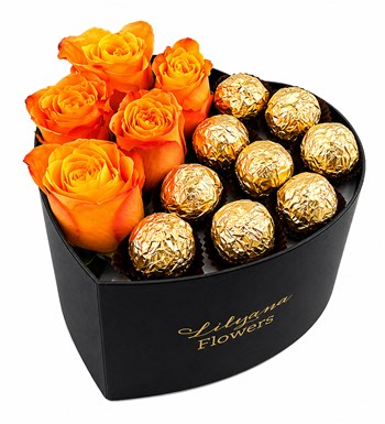 Lilyana Flowers - Küçük Kalpli Siyah Kutuda Gold Çikolatalı Turuncu Gül