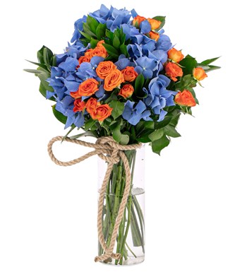 You are My Flower - Mavi Ortanca ve Turuncu Mini Gül Tasarım