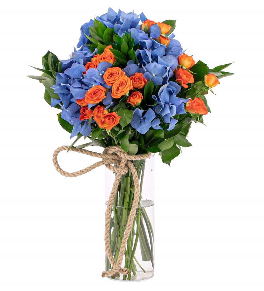You are My Flower - Mavi Ortanca ve Turuncu Mini Gül Tasarım