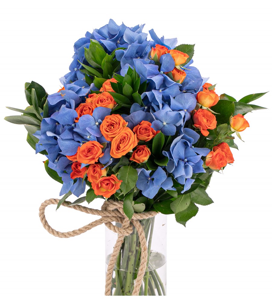 You are My Flower - Mavi Ortanca ve Turuncu Mini Gül Tasarım