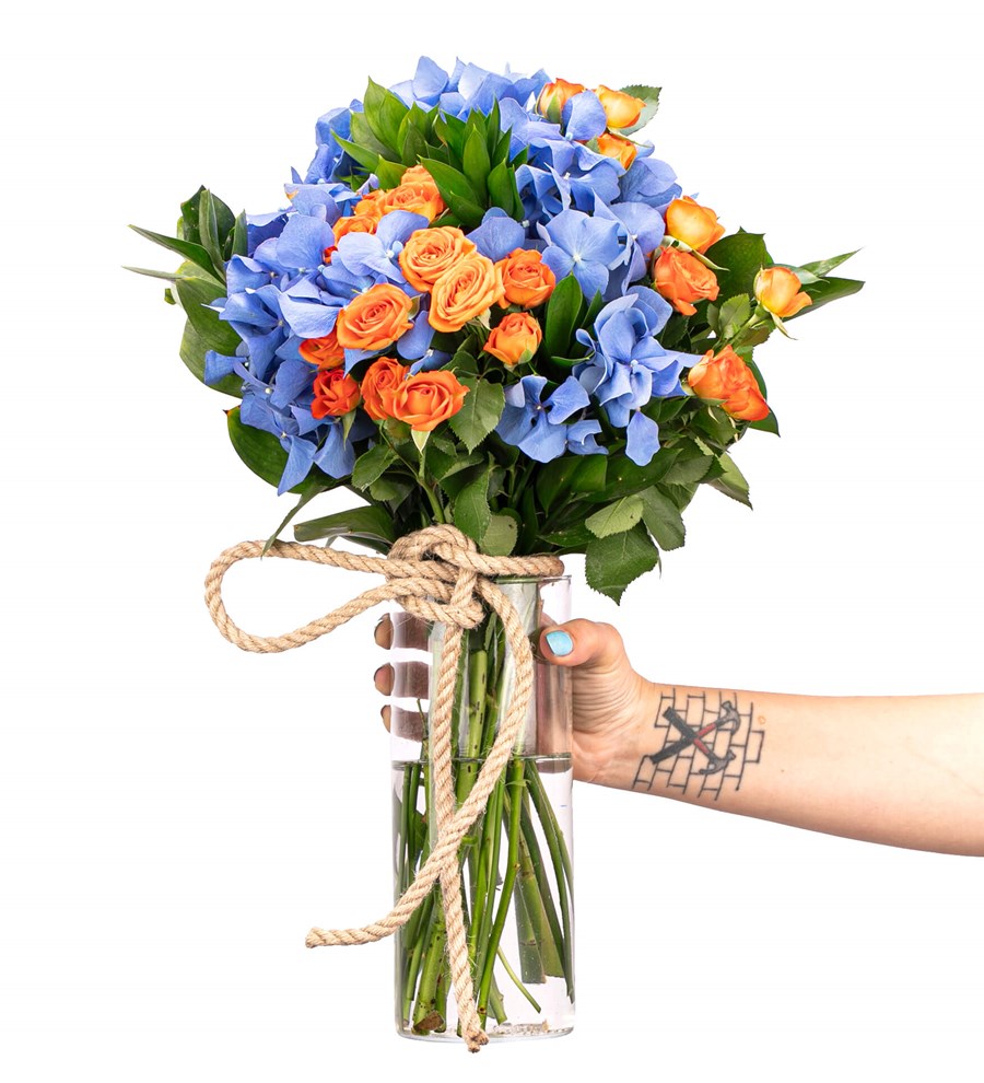 You are My Flower - Mavi Ortanca ve Turuncu Mini Gül Tasarım