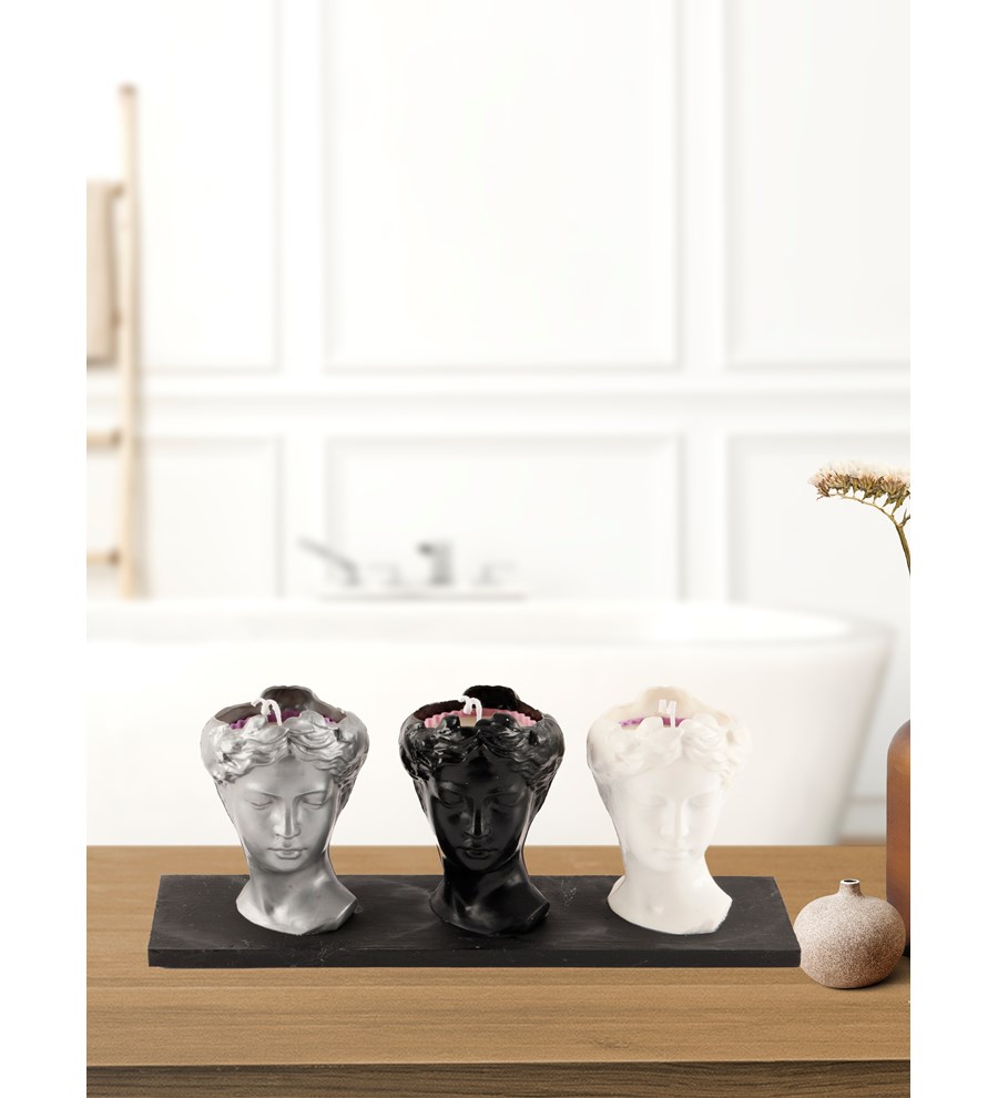 Doğal Soya Wax 3'lü Helen Büst Mum - Siyah-Beyaz-Gri