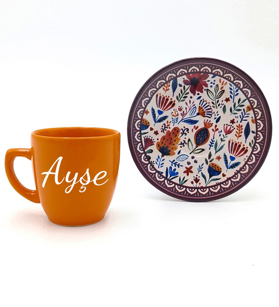 Kişiye Özel 2'li Kiremit Fincan & Kahve Yanı Cam Su Bardağı & Türk Kahvesi Hediye Seti