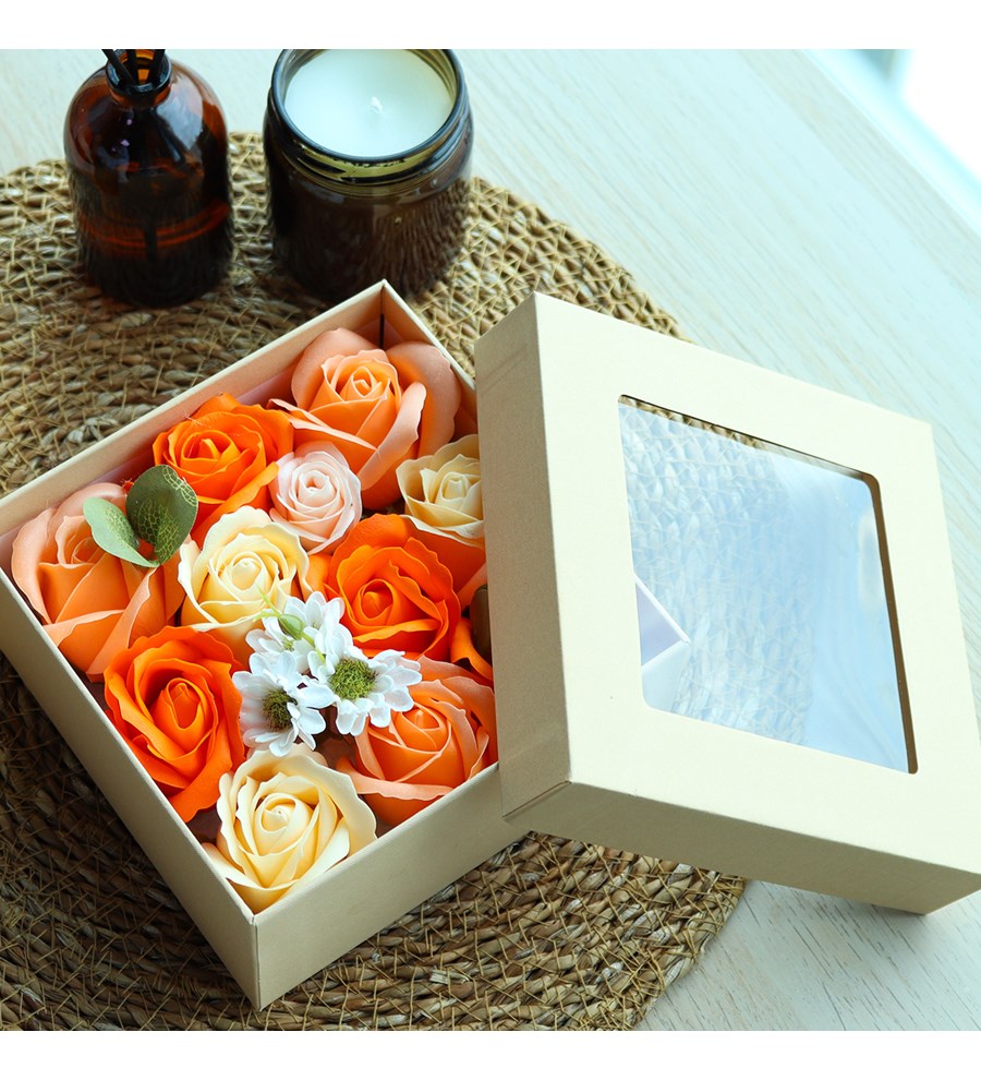 Çerçeve & Fincan & Charm Bileklik & Turuncu Gül Kutusu & İstiridye Mum Hediye Seti