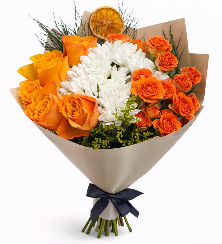 Turuncu Güller ve Beyaz Papatya Buketi