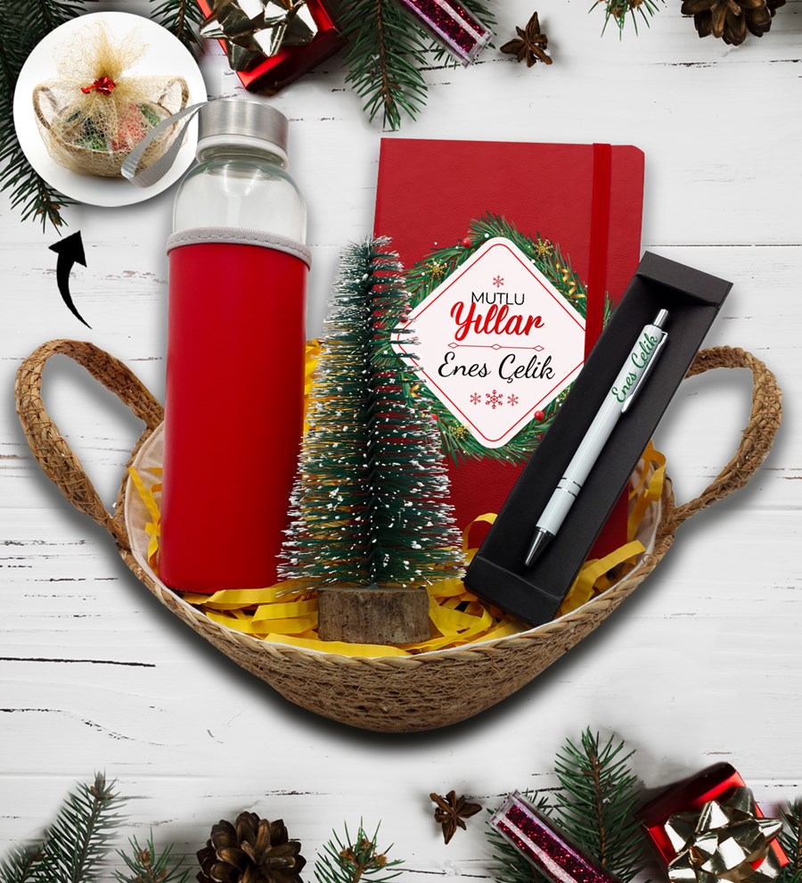 Hasır Sepetli Su Matarası & Kişiye Özel Kırmızı Defter & Çam Ağacı  & Beyaz Kalem Hediye Seti