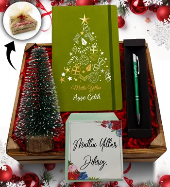 Lilyana Flowers - Kasa İçerisinde Çam Ağacı & Kişiye Özel Yeşil Defter & Yeşil Tükenmez Kalem Hediye Seti