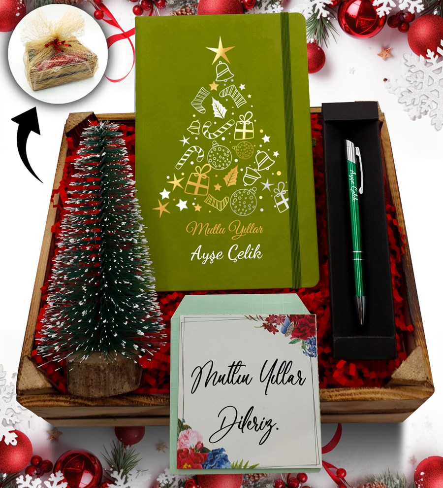 Kasa İçerisinde Çam Ağacı & Kişiye Özel Yeşil Defter & Yeşil Tükenmez Kalem Hediye Seti