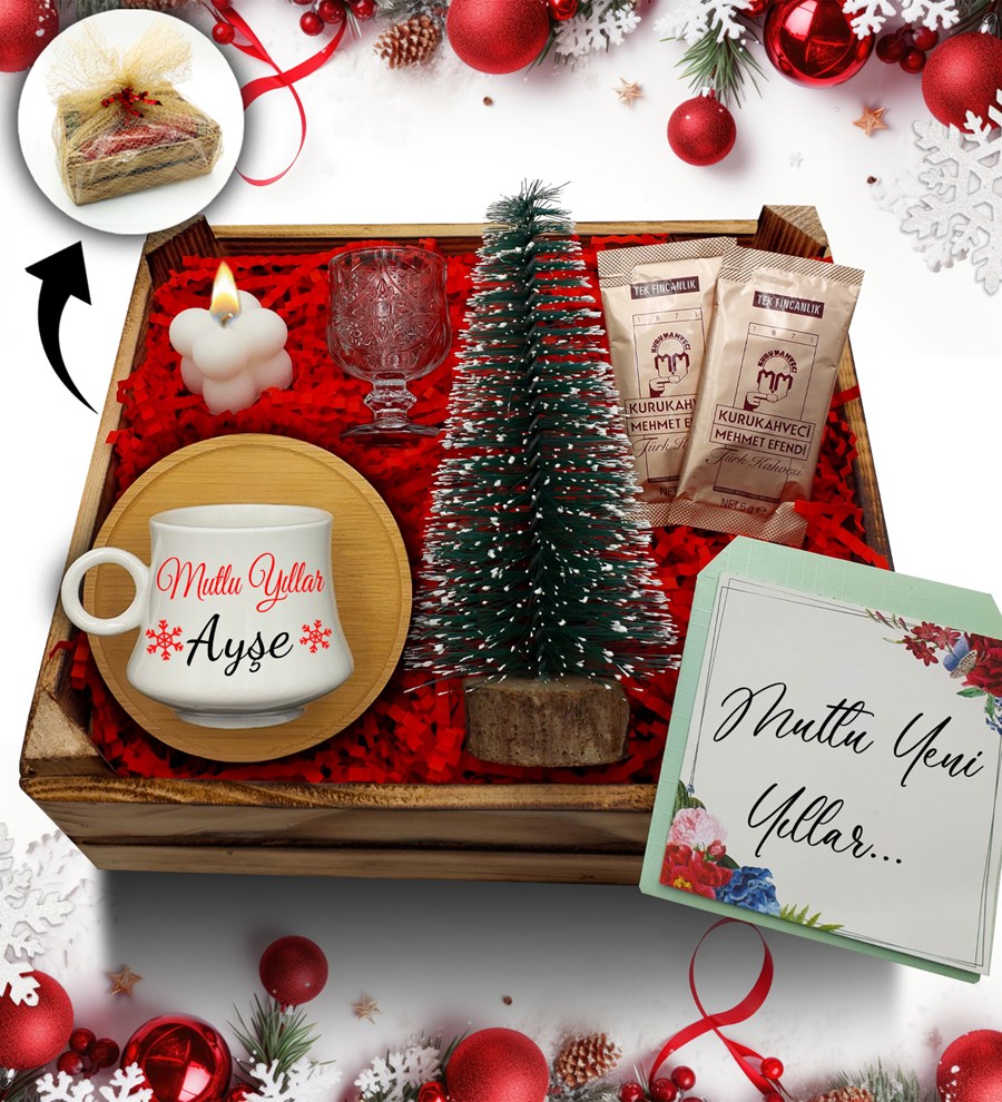 Kasa İçerisinde Çam Ağacı & Kişiye Özel Beyaz Fincan & Kahve Yanı Su Bardağı & Bubble Mum & Türk Kahvesi Hediye Seti